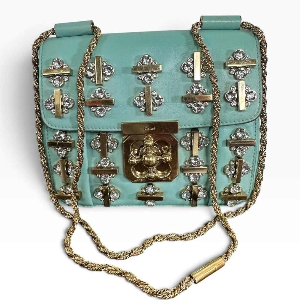Chloe Elsie Shoulder Bag Small Turquoise Leather Chain Strap Rhinestone Gold